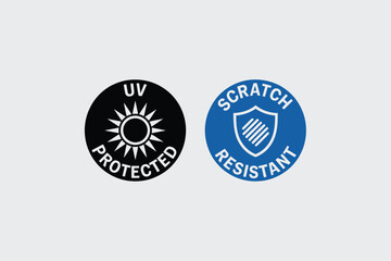 UV protected and scratch resistant icons circular symbols for product labeling and safety information isolated on a light gray background