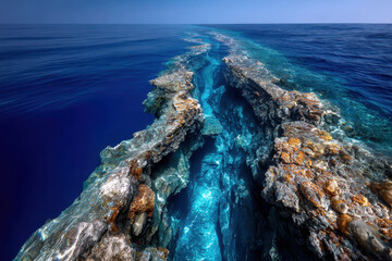Unique underwater rock formation extends into clear blue ocean waters during daytime
