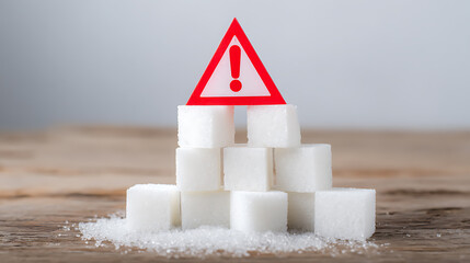 A pyramid of sugar cubes capped with a red warning sign symbolizes the health risks of excessive sugar intake. Control the added sweetness for a healthier lifestyle.