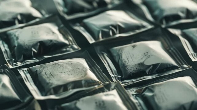 Packaged items in rows, with a clear focus on the front row and less clarity as we move back.