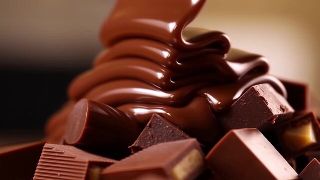 Melted chocolate flowing over assorted chocolate pieces in a close-up view 1208