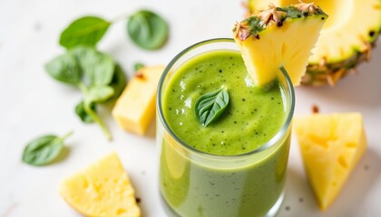 Green smoothie with pineapple and spinach in glass on white background