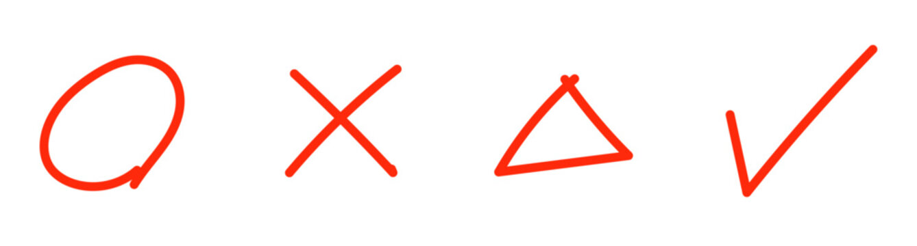 赤ペンで書いた風の手書きマル、バツ、三角のイラストセット