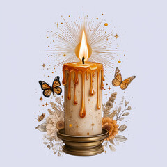 A burning candle with a glowing tall flame surrounded by twinkling stars, delicate butterflies, blooming flowers and mystical sparkles 
