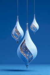 Three drop-shaped christmas ornaments floating in the air with glitter and lights on blue background