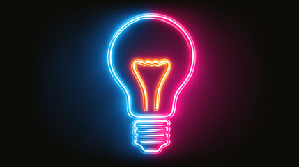 A neon glowing pink, blue and yellow light bulb sign on black background 