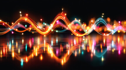 Abstract background with colorful Christmas lights dancing and reflecting in the water at night with blurred motion and bokeh effect