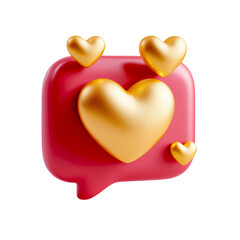 A red chat bubble with golden hearts as a concept of online love letters and romantic message at St. Valentine's day