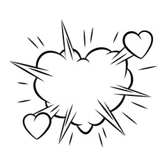 Valentine cartoon cloud heart explosion. Romantic speech bubble in comic style. Love greeting card.