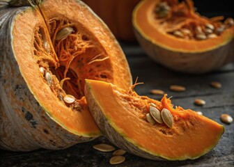 Detailed closeup of a halved pumpkin with vibrant orange flesh and visible seeds in natural setting for culinary and artistic inspiration
