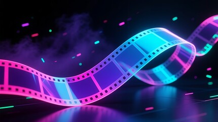 Neon film strip flowing in luminous cyan and magenta ribbon of digital motion