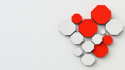 Abstract Composition of Red and White Octagons on a White Textured Background
