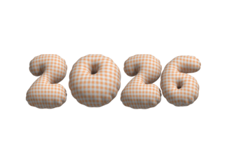 Orange and white gingham plaid pattern fabric plush numbers 2026 isolated on a transparent background for design