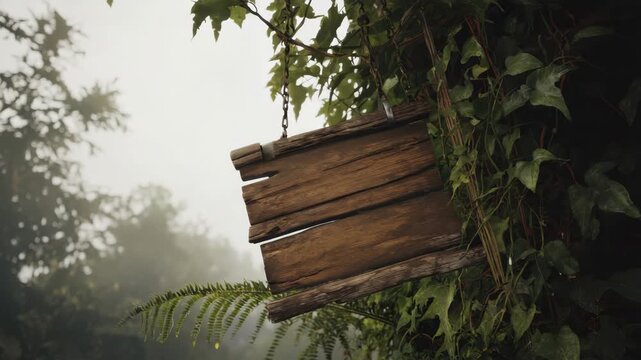 A rustic wooden swing hangs from a tree amidst foggy surroundings.