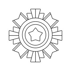 Gold medal with ribbons and star. Game award for the winners. Illustration of prize for sports competitions.