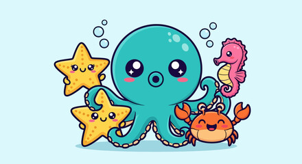 Cute cartoon octopus with starfish, seahorse, and crab in the ocean. © Arc std.