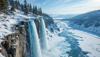 Wintry canyon panorama with frozen waterfall icy river and snow covered pines