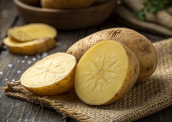 Closeup photography of a potato sliced in half rustic kitchen setting high-quality natural texture pale yellow flesh artistic food photography