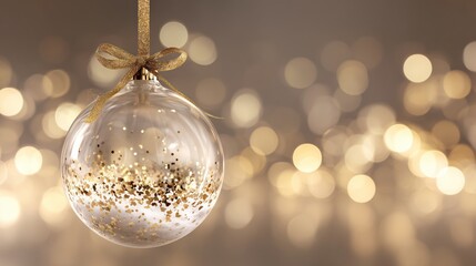 Transparent Christmas Bauble with Gold Glitter and Ribbon on Bokeh Background