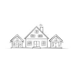 Fototapeta premium Doodle Style Illustration of Three Simple Houses with Windows, Chimney and Roofing on White Background