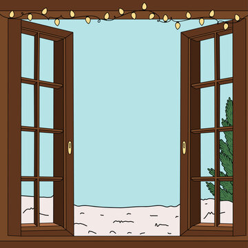 Winter Open Window Background Frame for Banner with Fairy Lights Garland on a Light Blue Sky with Snow