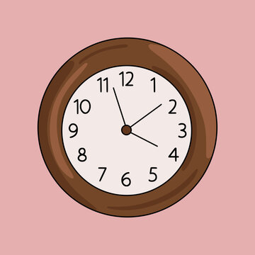 Round Wooden Retro Clock Vector Illustration Isolated on Pink Background. Vintage Analog Style Icon Design. Time Management and Appointment Schedule Concept