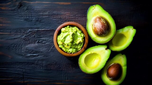 A closeup shot of halved avocados on a dark wooden surface. The avocado halves are prominently displayed, revealing their vibrant green flesh and brown seeds.