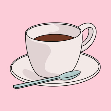 Close Up Vector Illustration of a White Coffee Cup with Spoon and Dish, Isolated Icon Design on Pink Background