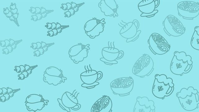 Food pattern holiday themed teal background with assorted japanese food drawings perfect for festive occasions, menus, invitations, and foodthemed designs.