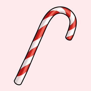 Vector Illustration of a 3d Style Striped Red and White Candy Cane Isolated Icon on Pink Background. Sweet Christmas Winter Concept