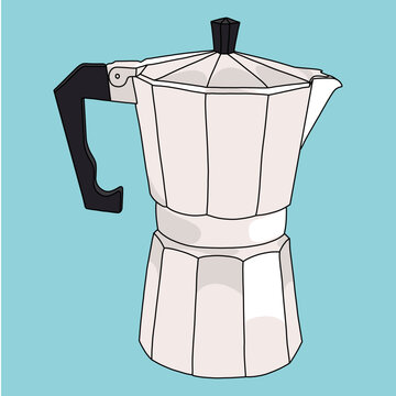Vector illustrations of Moka Pot Coffee Maker Isolated on Light Blue Background. Logo for Coffee Shop Menu Design Icon