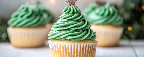 Christmas cupcake with green frosting shaped like tree topped with star festive dessert holiday treat celebration
