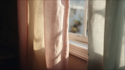Close-up of a window with a beige curtain hanging on the right side. the curtain is open, and the light is shining through it, creating a soft glow on the left side of the image.