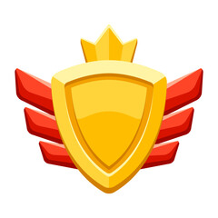 Gold shield with wings and crown. Game award for the winners. Illustration of prize for sports competitions.