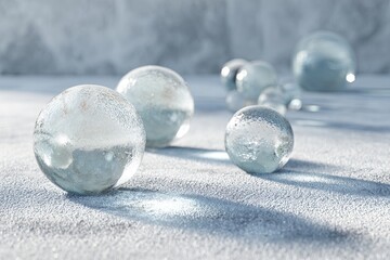 Glass spheres on frosty surface with soft winter light