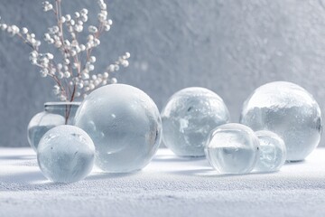 Glass spheres on frosty surface with soft winter light