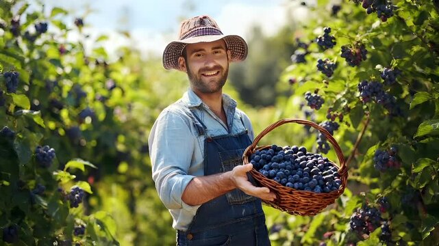man in denim overalls and straw hat holding basket of blueberries in vineyardman in blue shirt and overalls holding basket in vine yardman wearing brown and white patterned hat outdoorsgrapes.