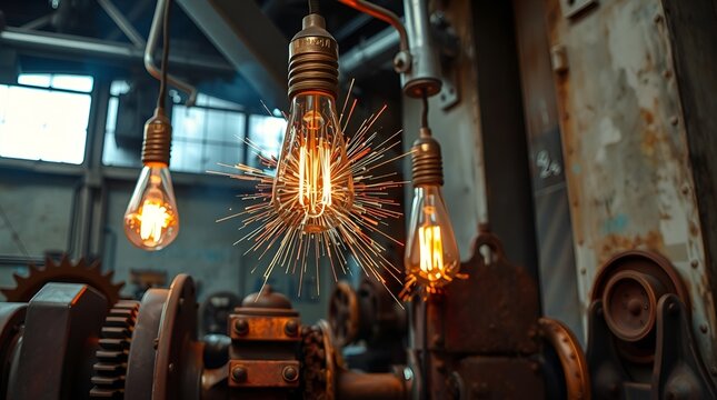 Edison light bulbs with sparks in an industrial setting - Powered by Adobe