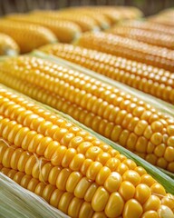 Capturing the golden yellow shiny texture of corn kernels on the cob closeup photography natural environment detailed viewpoint macro concept for stunning visual appeal