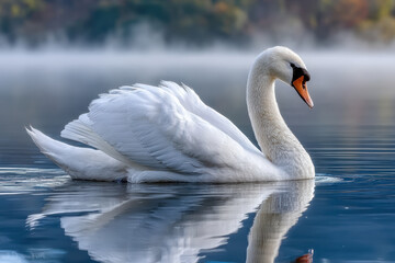 Obraz premium White swan glides serenely on misty lake