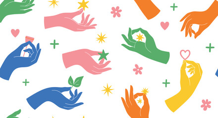 Fototapeta premium Abstract Seamless Vector Pattern of Diverse Colorful Hands Holding Flowers, Stars, Hearts, and Leaves, Symbolizing Creativity, Care, Sharing, and Unity in a Modern Graphic Style.