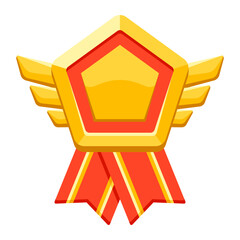 Gold sign medal with ribbons and wings. Game award for the winners. Illustration of prize for sports competitions.