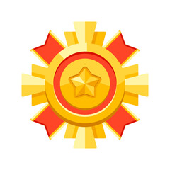 Gold medal with ribbons and star. Game award for the winners. Illustration of prize for sports competitions.