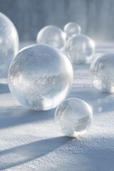 Glass spheres on frosty surface with soft winter light
