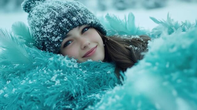 Video A young girl bundled up in a furry coat and hat, possibly on a winter day