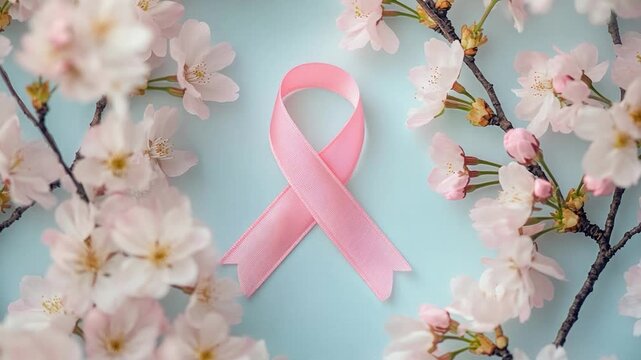 Video A pink ribbon on a blue background surrounded by pink flowers