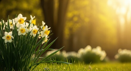 Cluster of white and yellow daffodils blooming in a spring garden during golden hour