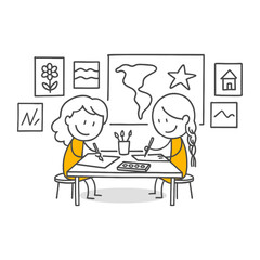 Two Creative Friends Working on an Artistic Project, Translating Their Imagination onto Paper While Gathered at a Common Table.