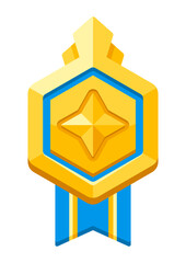 Gold sign medal with ribbon and star. Game award for the winners. Illustration of prize for sports competitions.