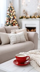 Obraz premium Warm red cup sits on a marble table in a cozy room with a beautiful Christmas tree decorated with lights in the background